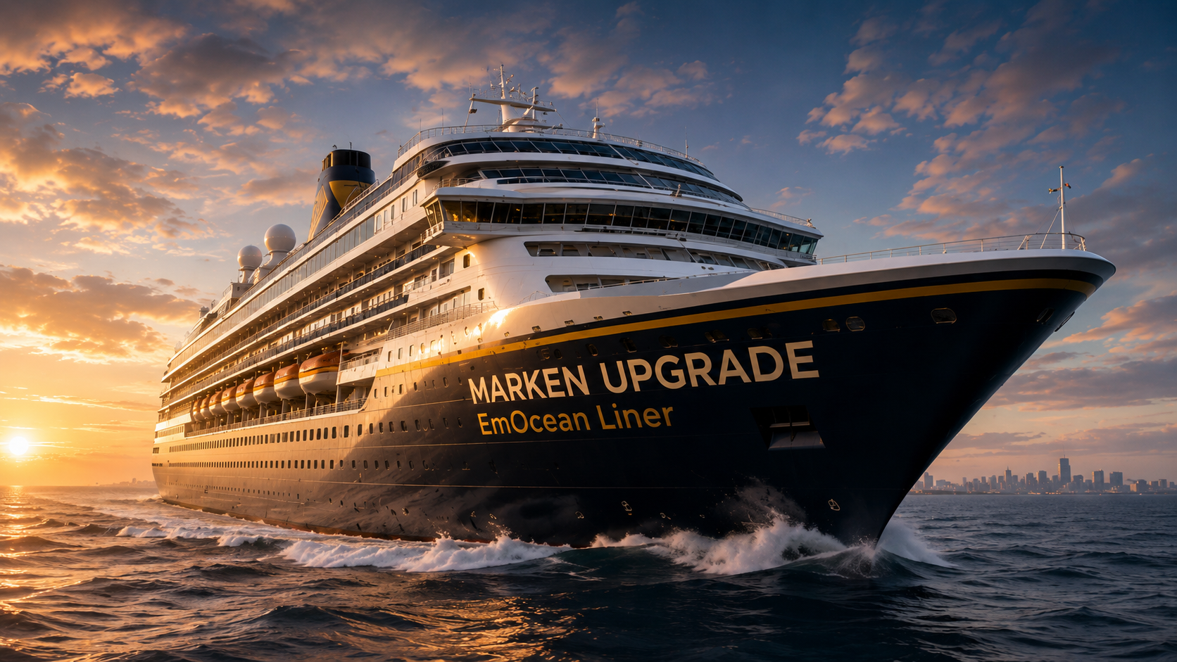 MARKEN UPGRADE EmOcean Liner Kreuzfahrtschiff bei Sonnenuntergang